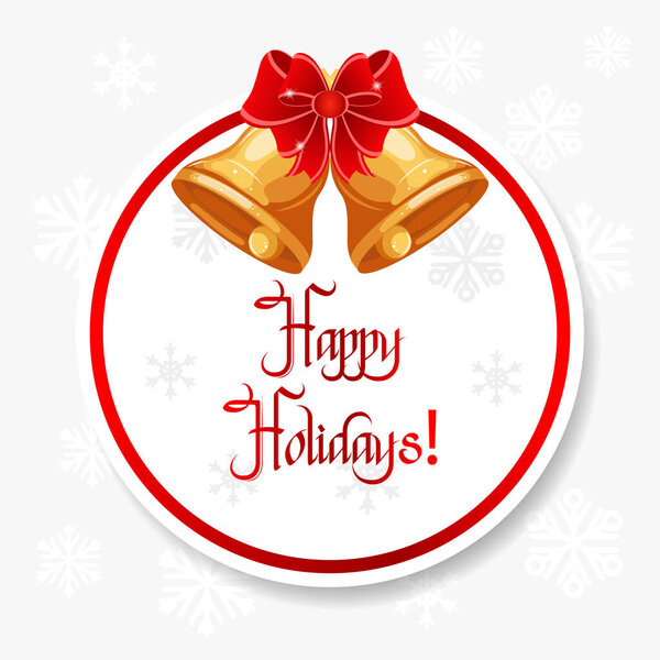 Круглый новогодний плакат с колокольчиками, красным бантом и поздравительным текстом на фоне снежинок. Печать, плакат, иллюстрация, вектор