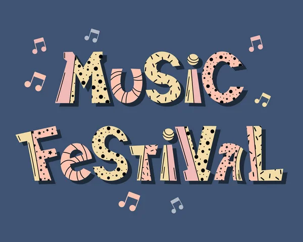 Musikfestival Handgezeichneter Schriftzug Auf Blauem Hintergrund Mit Noten Druck Illustration — Stockvektor