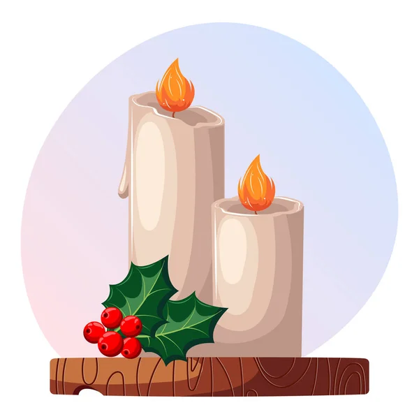 木製のスタンドにクリスマスイラスト 燃えるキャンドル ホリーと赤い果実 郵便はがき背景ベクトル — ストックベクタ