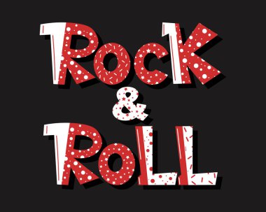 Rock and roll, siyah arka planda kırmızı ve beyaz harflerle yazılmış. Yazdırma, illüstrasyon, vektör