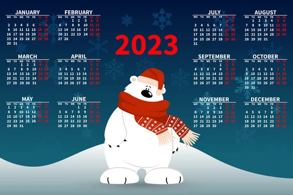Ежегодный Календарь 2023 Милым Белым Медведем Фоне Снежного Ландшафта Иллюстрация — стоковый вектор