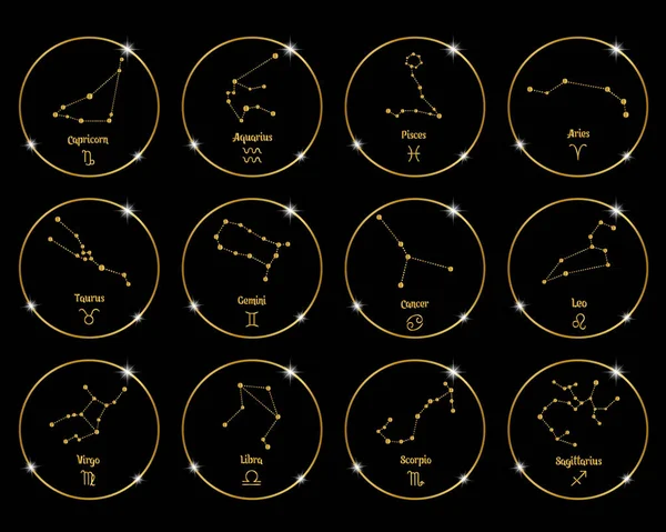 Constellations Signes Zodiaque Cercles Dorés Brillants Ensemble Design Doré Sur — Image vectorielle