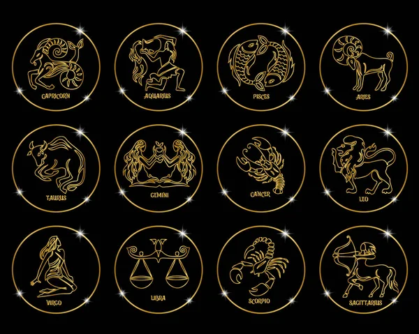 Zodiac Tecken Gyllene Glänsande Cirklar Set Golden Design Svart Bakgrund — Stock vektor