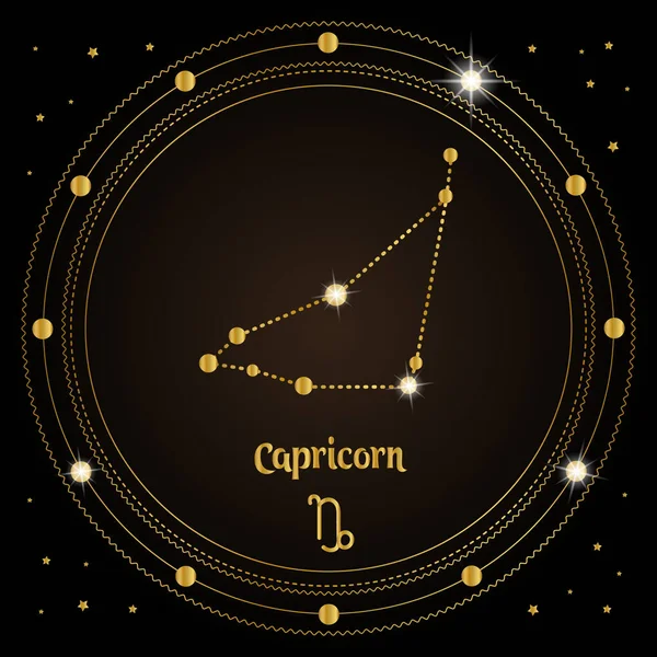 Capricorn Constellation Zodiac Sign Cosmic Magic Circle Golden Design Dark — Stock Vector
