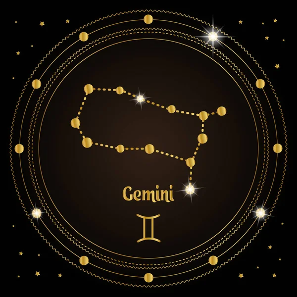 Gemini Constellation Zodiac Sign Cosmic Magic Circle Golden Design Dark — Stock Vector