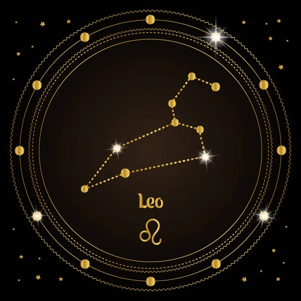 Leo Constellation Zodiac Sign Cosmic Magic Circle Golden Design Dark — Stock Vector