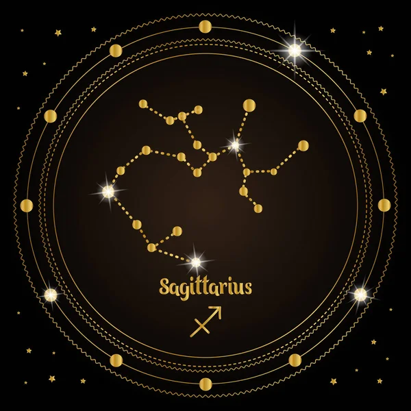 Sagittarius Constellation Zodiac Sign Cosmic Magic Circle Golden Design Dark — Stock Vector