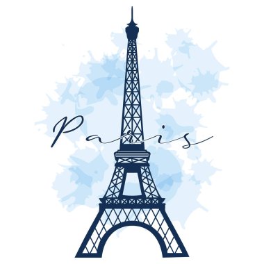 Eyfel Kulesi ve Paris mavi suluboya arkaplan üzerine metin. Tişört, poster, vektör için yazdır