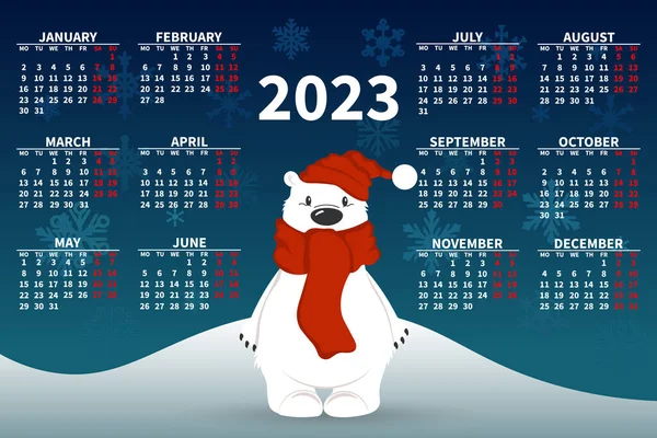Roční Kalendář 2023 Roztomilým Ledním Medvědem Pozadí Zasněžené Krajiny Ilustrace — Stockový vektor