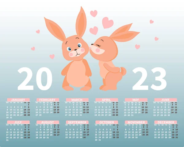 Kalender 2023 Mit Einem Niedlichen Paar Verliebter Hasen Auf Dem — Stockvektor