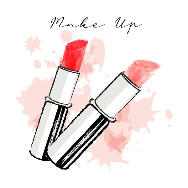 Tubes of lipstick, painted with grunge and watercolor brushes, fashion pastel colors. Illustration, vector