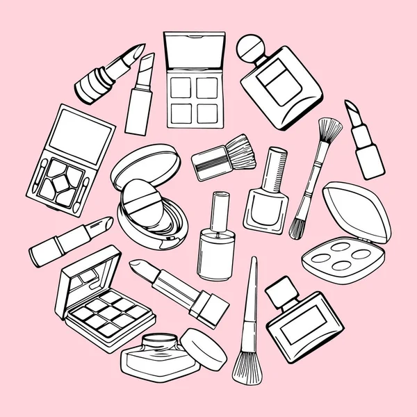 Ručně Kreslené Obrysové Prvky Kosmetiky Podobě Kruhu Růžovém Pozadí Makeup — Stockový vektor