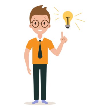 Mutluluk duygusu ve ampulü olan genç bir adam. Fikir kavramı, vektör