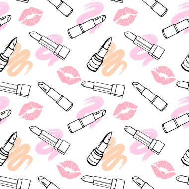 Kusursuz desen, çizilmiş ruj izleri ve beyaz arka planda pastel fırça darbeleriyle birlikte dudak izleri. Makyaj arkaplanı, tekstil, vektör