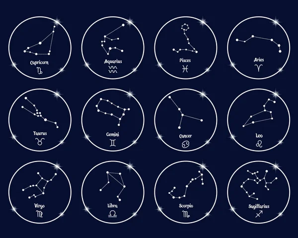 Konstellationer Zodiaktecken Vita Glänsande Cirklar Set Vit Kontur Blå Bakgrund — Stock vektor