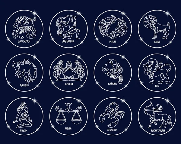 Zestaw Znaków Zodiaku Białe Błyszczące Kółka Biały Zarys Niebieskim Tle — Wektor stockowy