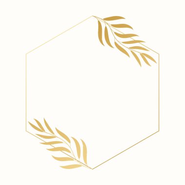 Hafif arka planda altın yaprakları olan altı köşeli altın bir çerçeve. Düğün davetiyesi, kart, vektör