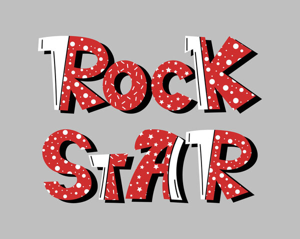 Rock star, red-white-black handwritten inscription on a black background. Print, illustration, vector