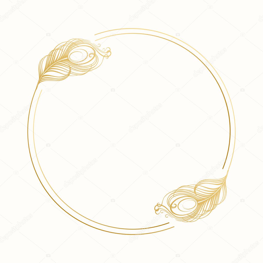 Delicate round golden frame with peacock feathers on a light background. Wedding invitation, card, vector