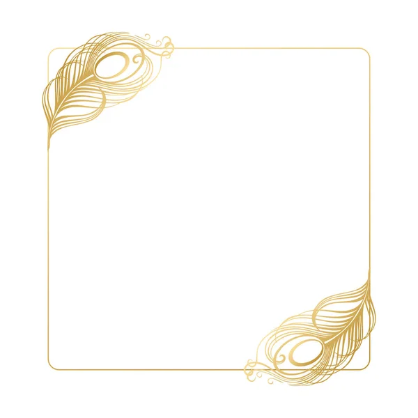Zarter Goldener Rahmen Mit Pfauenfedern Auf Hellem Hintergrund Hochzeitseinladung Karte — Stockvektor