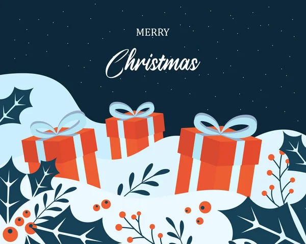 Fond Noël Boîtes Cadeaux Rouges Dans Neige Baies Feuilles Houx — Image vectorielle