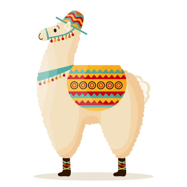 Lama Bonito Chapéu Com Uma Sela Alpaca Mexicana Símbolo México — Vetor de Stock