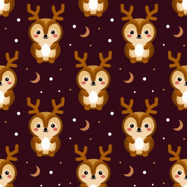 Kusursuz desenler, ay ve yıldızlı arka planda sevimli geyik yavruları. Çocukların tekstili, baskısı, vektörü.