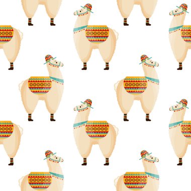 Kusursuz desenli, şapkalı şirin lamalar, Meksika alpakası. Arkaplan, baskı, çocuk tekstili, vektör