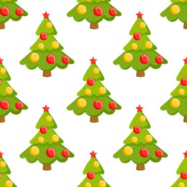 Kusursuz desenli, beyaz arka planda Noel topları olan renkli Noel ağaçları. Arkaplan, yazdırma, vektör