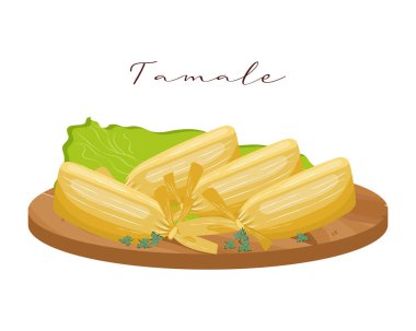 Tamale, mısır yapraklı hamur, Latin Amerika mutfağı. Meksika 'nın ulusal mutfağı. Gıda çizimi, vektör