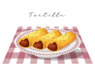 Tabağında et olan tortilla, Latin Amerika mutfağı. Meksika 'nın ulusal mutfağı. Gıda çizimi, vektör