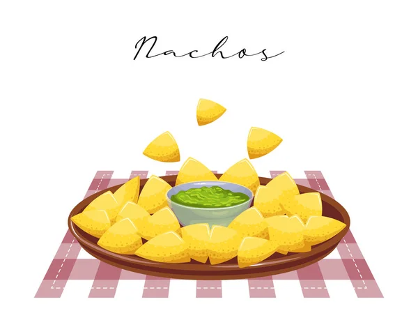 Nachos Chips Milho Com Molho Abacate Guacamole Cozinha Latino Americana — Vetor de Stock