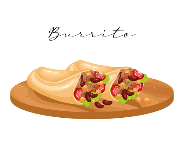 Burrito Fladenbrot Mit Fleisch Und Bohnen Auf Einem Holzblech Lateinamerikanische — Stockvektor