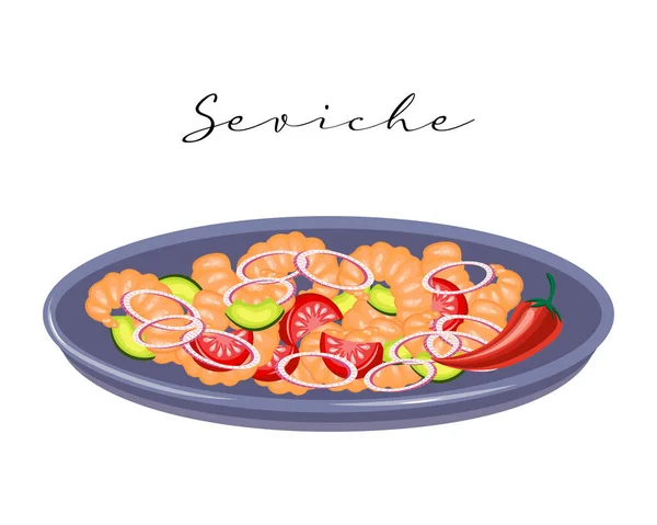 Salad Seafood Ceviche Udang Alpukat Tomat Dan Salad Bawang Masakan - Stok Vektor