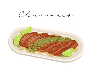 Limonlu ızgara Brezilya eti, Churrasco, Latin Amerika mutfağı. Brezilya 'nın ulusal mutfağı. Gıda çizimi, vektör