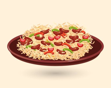 Derin bir tabakta siyah fasulyeli pilav, Latin Amerika mutfağı. Gıda çizimi, vektör