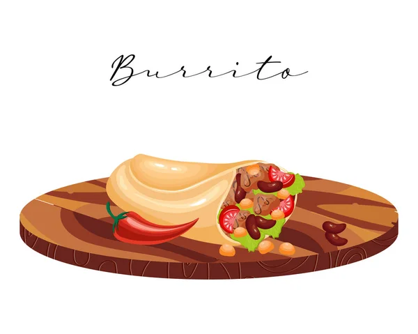 Burrito Tortilly Masem Fazolemi Dřevěném Podnosu Latinskoamerická Kuchyně Národní Kuchyně — Stockový vektor