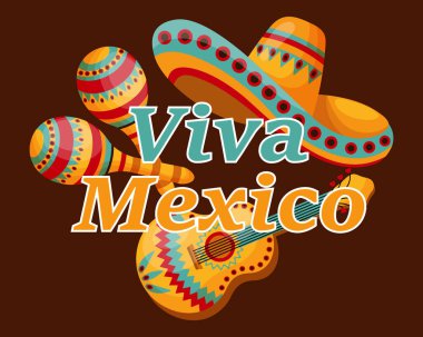 Meksika afişi Viva Mexico, sambrero, gitar ve marakas. Görüntü, pankart, vektör
