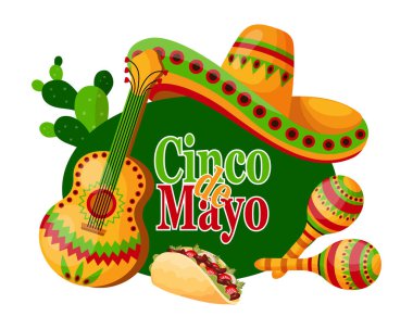Meksika sembollü renkli Cinco de Mayo pankartı, taco, gitar, sombrero ve maracas. Görüntü, poster, vektör