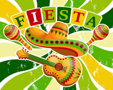 Meksika sembollü renkli Fiesta afişi, dalgalı bir arka planda sombrero gitar ve marakas. Görüntü, poster, vektör