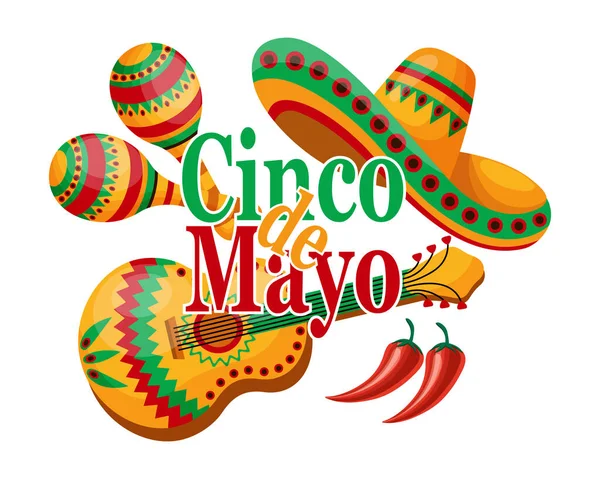 Barevný Banner Cinco Mayo Symboly Mexika Kytara Sombrero Chilli Maracas — Stockový vektor