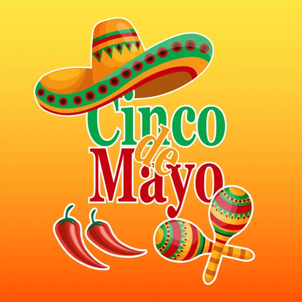 Πολύχρωμο Πανό Cinco Mayo Σύμβολα Του Μεξικού Κιθάρα Σομπρέρο Τσίλι — Διανυσματικό Αρχείο