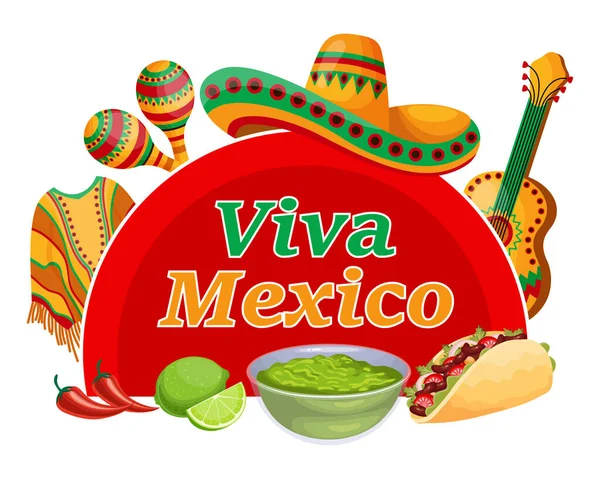 Viva México Bandeira Colorida Com Símbolos México Tacos Ponchos Guitarra — Vetor de Stock