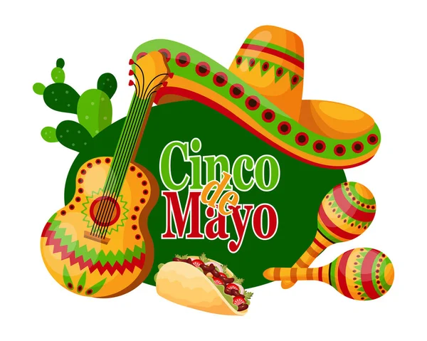 Barevný Banner Cinco Mayo Symboly Mexika Tacos Kytara Sombrero Maracas — Stockový vektor