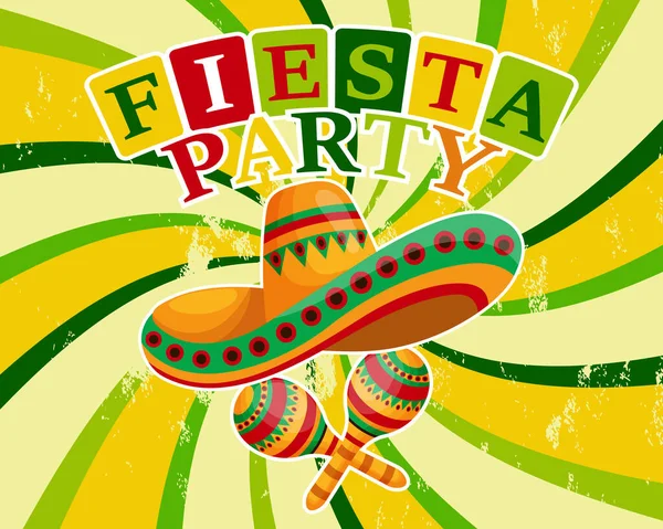 Színes Fiesta Party Banner Szimbólumokkal Mexikó Sombrero Maracas Hullámos Alapon — Stock Vector