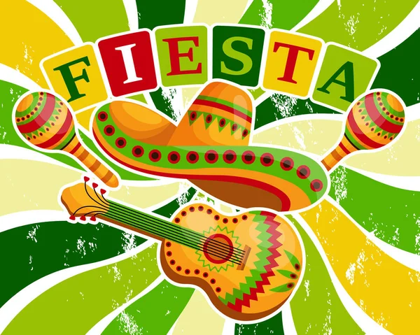 깃발에 멕시코의 솜브레로 마라카스등 물결치는 배경에 그려져 포스터 — 스톡 벡터