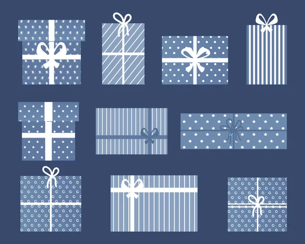 Set Christmas Gift Boxes Blue Background Blue White Design Decor — Stock Vector