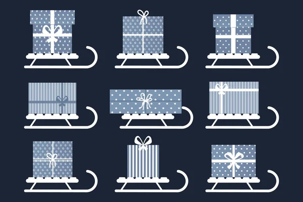 Set Winter Sledges Gift Boxes Blue White Design Print Vector — Stock Vector