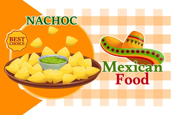 Mexická Vlajka Jídlem Nachos Guacamolem Latinskoamerická Kuchyně Plakát Vektor — Stockový vektor
