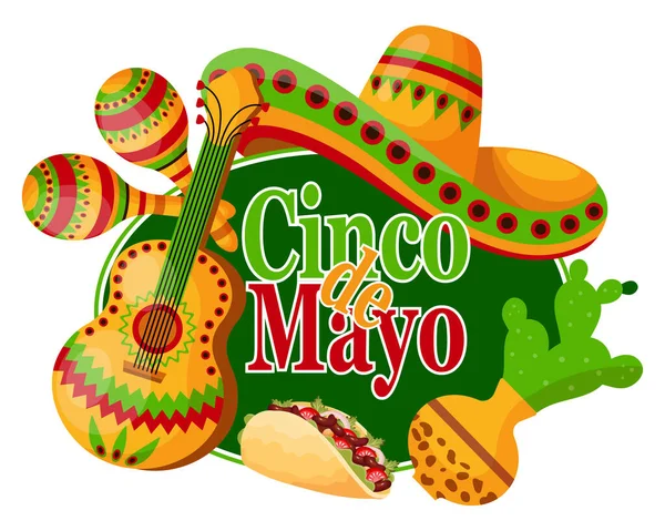 Barevný Banner Cinco Mayo Symboly Mexika Tacos Kytara Sombrero Maracas — Stockový vektor